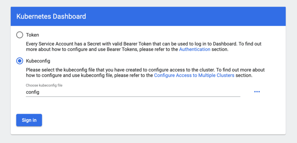 Login screen on Kubernetes dashboard